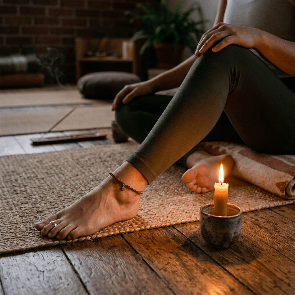 Person seated on a yoga mat beside a lit candle