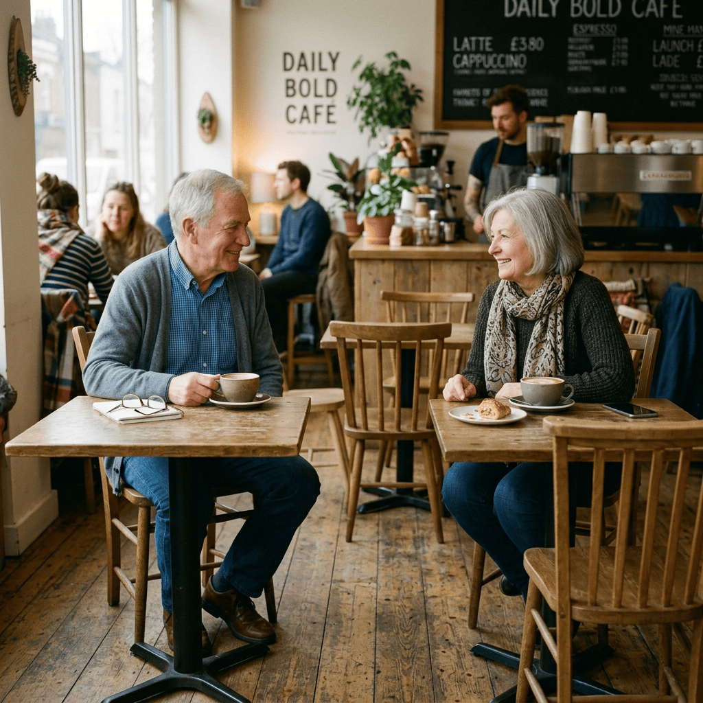 Older couple laughing together over coffee at Daily Bold Cafe