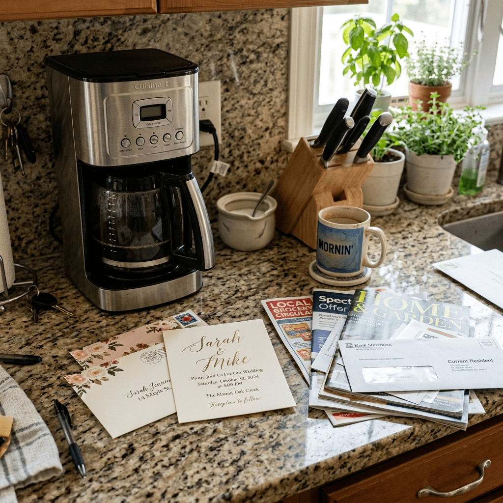 Coffee maker, wedding invitation, mug, newspapers, mail, plants, and knife block on kitchen counter